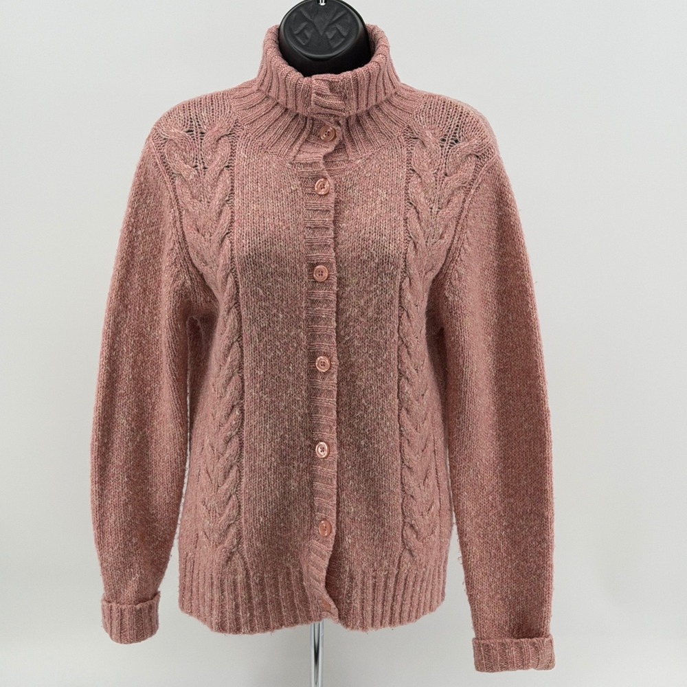 L.L.Bean Cable Knit Cardigan Women S Mock Neck Wool Blend Sweater